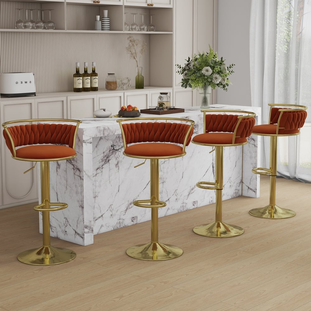 4 Set Velvet Adjustable Swivel Bar Stools With Backs
