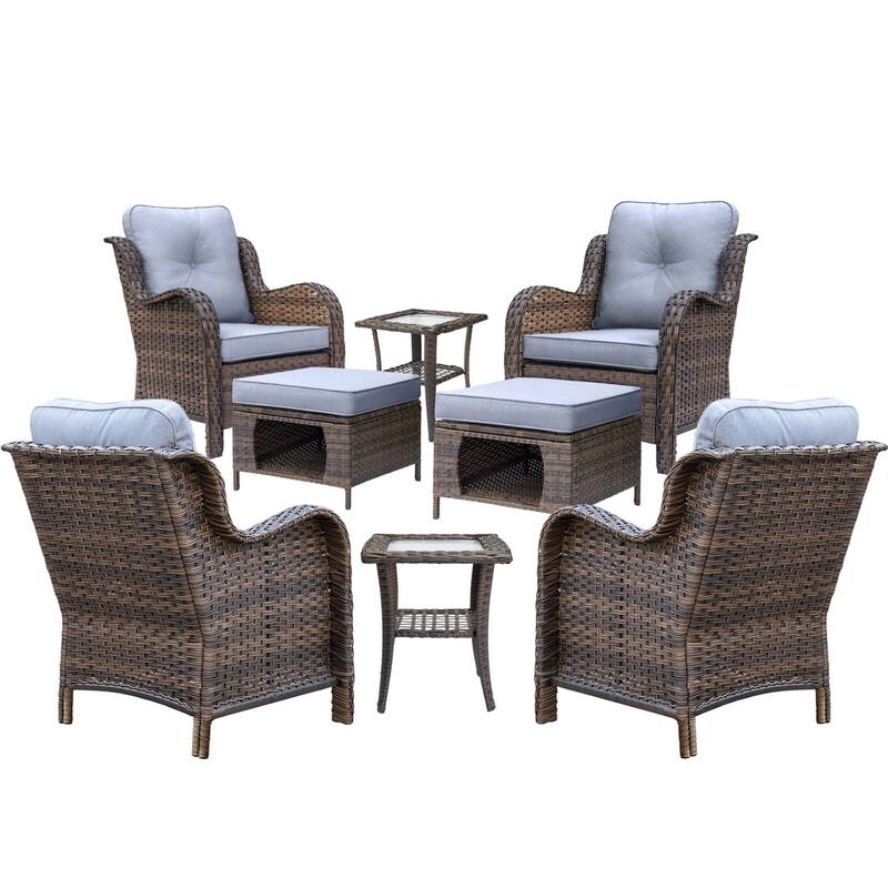 8 Piece Outdoor Wicker Patio Furniture Conversation Chair and Ottoman Set