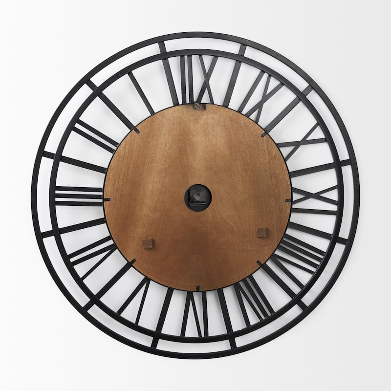 Lewiston Black Iron With Brown Wood 42" Round Wall Clock - 42.1"W x 2.5"D x 42.1"H