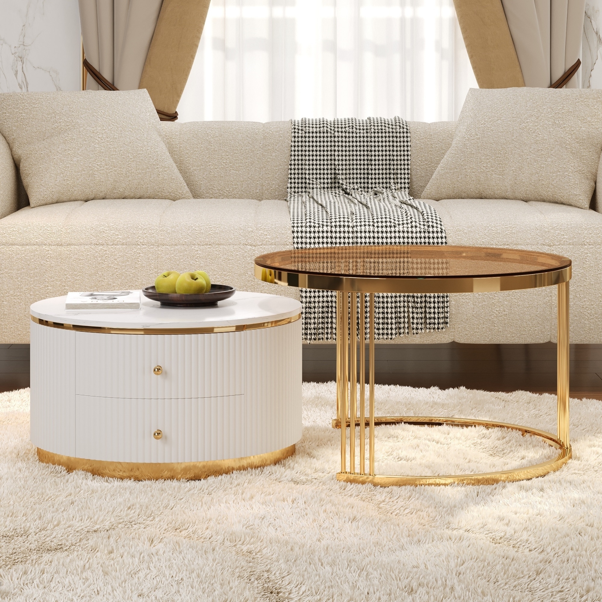 Modern 2 Pieces Round Nesting Coffee Table with Drawers and Brown Tempered Glass Top in 27.6"