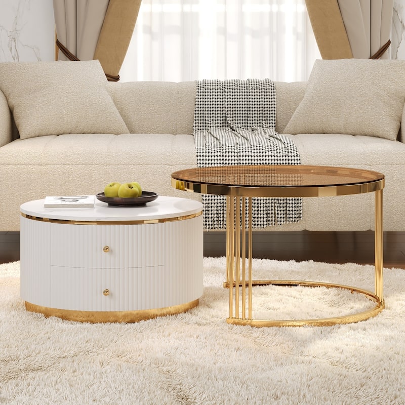 Modern 2 Pieces Round Nesting Coffee Table with Drawers and Brown Tempered Glass Top in 27.6" - Brown+White