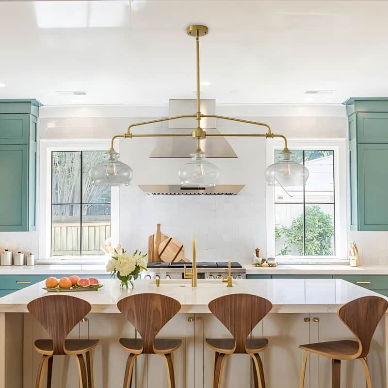 Brass Kitchen Island Light Linear Hanging Chandeliers Dining Room Light Fixture with Clear Glass Shades