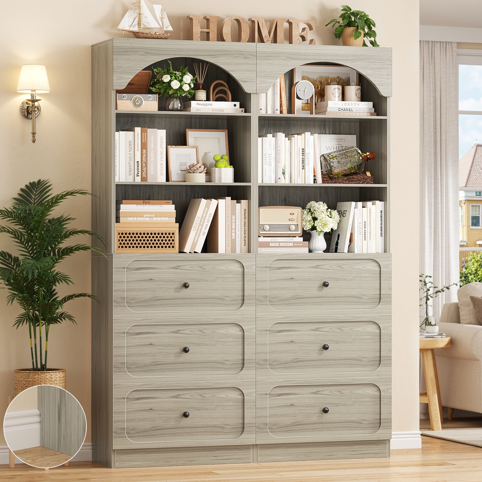 80'' Tall Arched Bookcase with 3 Drawers, Storage Bookshelves/ Pantry with Open Shelves