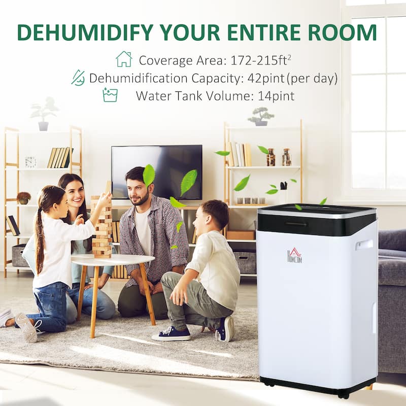 HOMCOM 215 sq.Ft Portable Quiet Dehumidifier for Home Laundry Room Bedroom Basement, 42pt Electric Moisture Air De-Humidifier