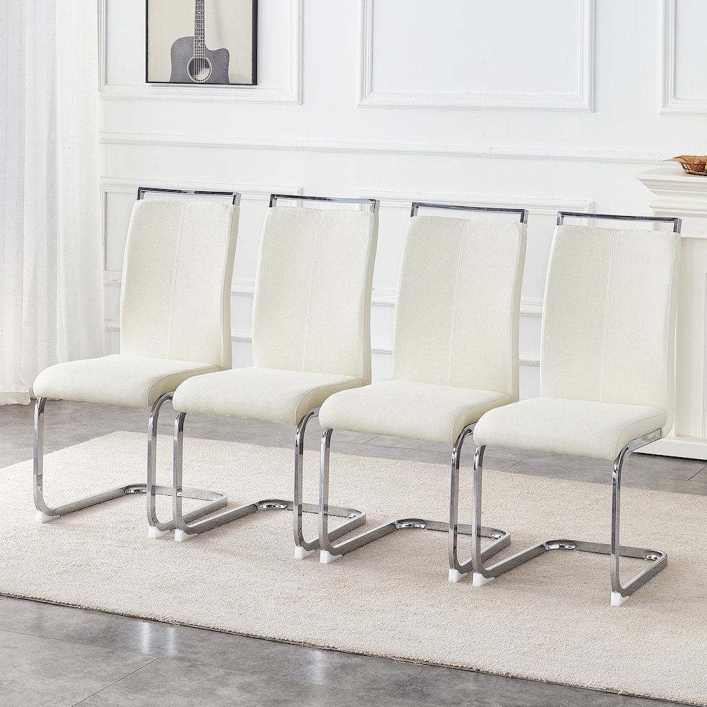 Set of 4 White Fabric Dining Chairs with Silver Metal Legs Comfortable Stable Modern Kitchen