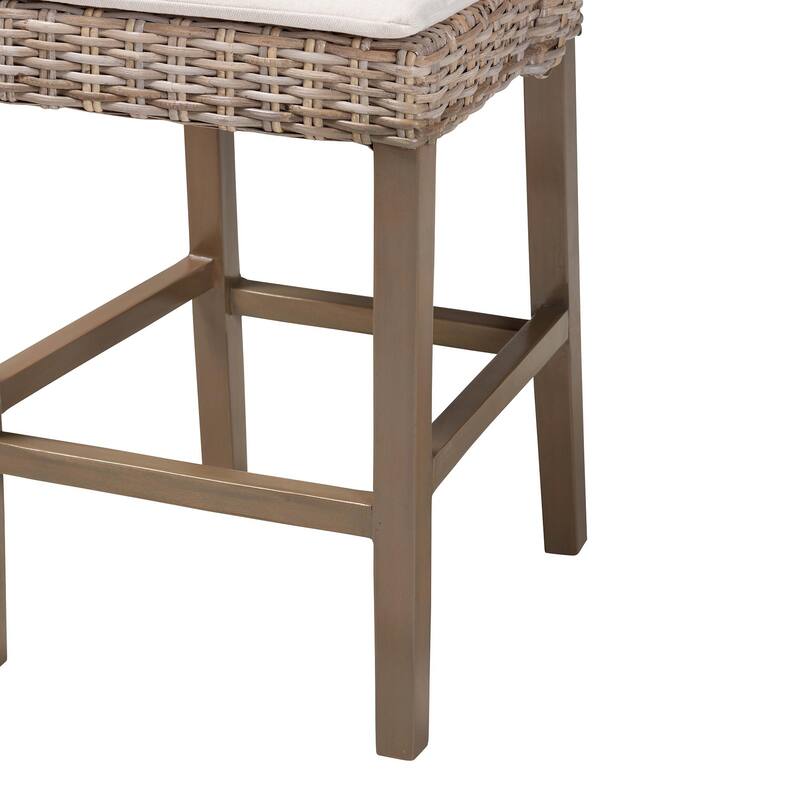 Toby Modern Bohemian Grey Kubu Rattan and Rustic Taupe Finished Mahogany Wood Counter Stool