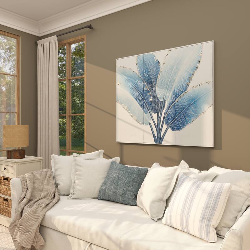 Blue Metal Leaf Palm Tree Home Wall Decor with Gold Foil Accents and White Speckled Details