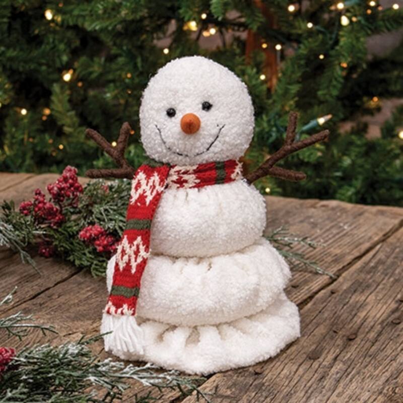 Plush Melting Snowman Decor with Sherpa Finish and Knit Scarf for Holiday Home Display - 10"H
