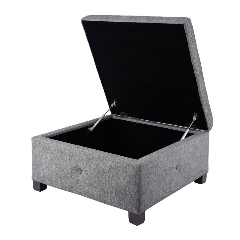 Charcoal Upholstered Storage Ottoman with Button-Tufted Details and Solid Wood Legs