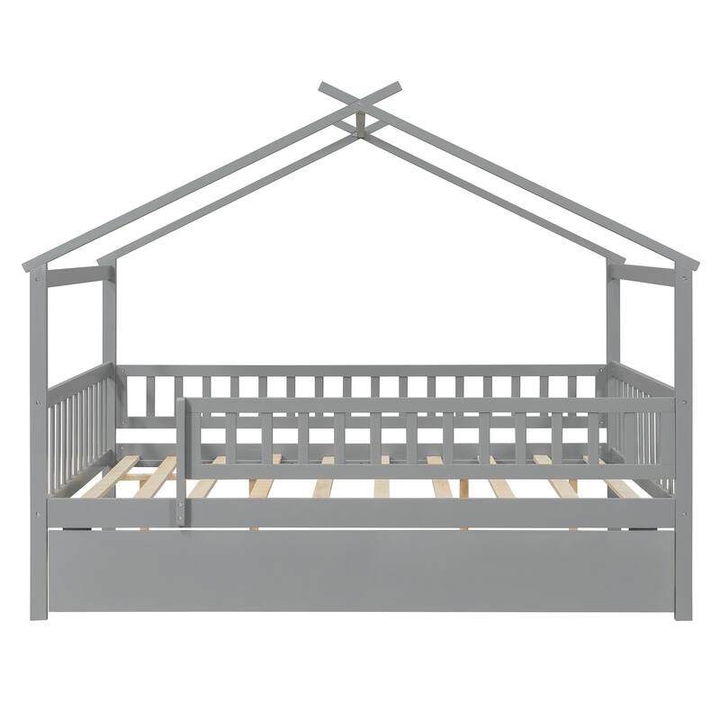 Montessori Bed House Bed with Trundle Bed and Headboard, Wood Daybed Platform Bed Frame No Box Spring Needed for Boys Girls