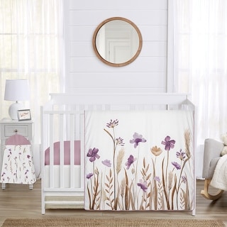 Sweet Jojo Designs Boho Floral Garden Flower Girl 4p Nursery Crib Bedding Set Purple Watercolor Bohemian Farmhouse Shabby Fringe