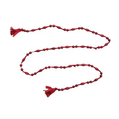 Glass Bead Garland with Cotton Tassels - Red - 72.0"L x 0.5"W x 0.5"H