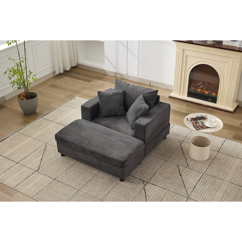 Chaise Lounge Chair with Removable Ottoman, Modern Accent Armchair Corduroy Sleeper Sofa Chair with Pillows for Living Room