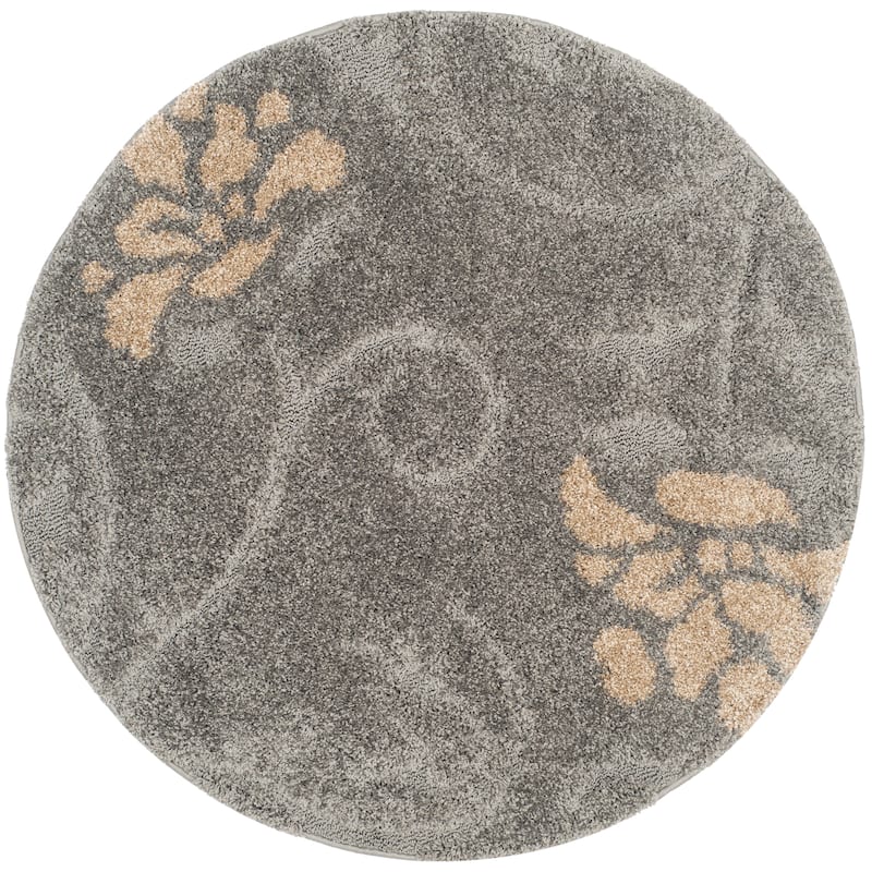 SAFAVIEH Florida Shag Nanny Floral Scroll 1.2-inch Thick Rug - 4' Round - Grey/Beige - Round