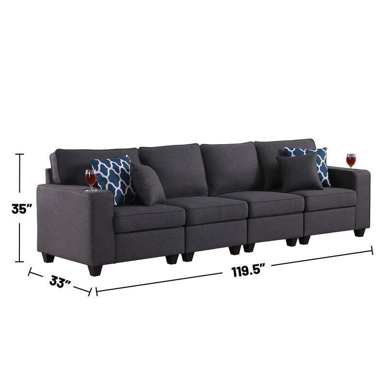 Linen Upholstered 4-Seater Sofa with 2 Cupholders in Dark Gray