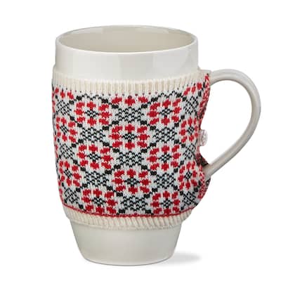Winter Sketches Red and Blue Print Flower Sweater Mug Covered Bone China Dishwasher Safe Mug 18.0 oz