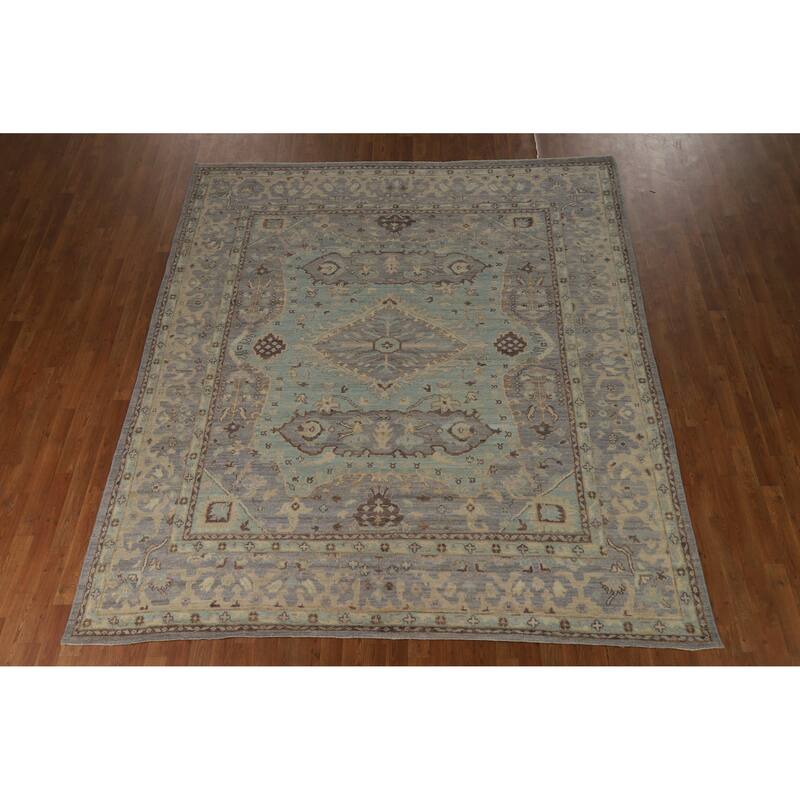 Hand Knotted Oriental 100% Wool Carpet Transitional Floral Navy Blue & Blues Oushak Area Rug - 9' 5'' X 8' 3''