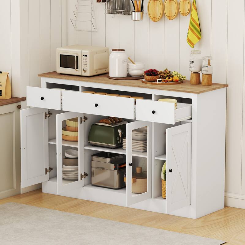 Gymax 55'' Large Buffet Sideboard w/ 3 Drawers 2 See-through Doors