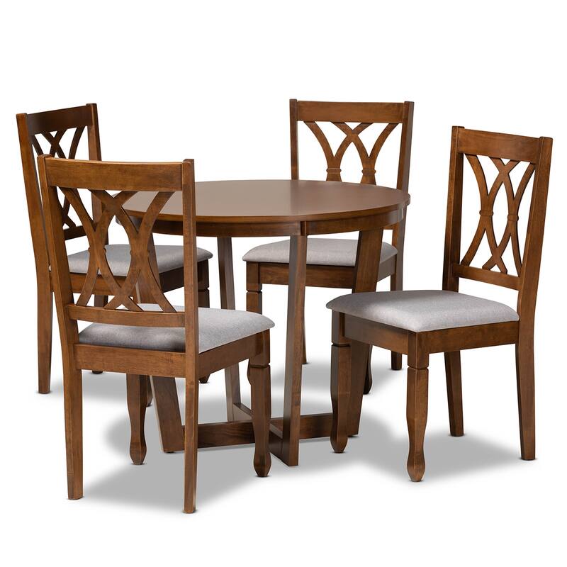 Modern 5-Piece Dining Set - Grey Fabric Chairs & Walnut Table