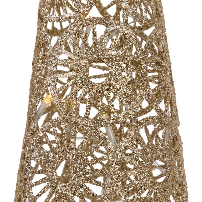 23.5" LED B/O Gold Glittered Wire Sunburst Cone Tree white Lights