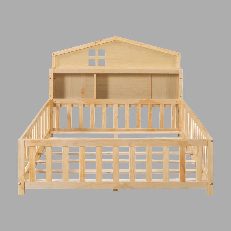 Kids Montessori Floor Bed with Bookcase and Blackboards, Full Size, Solid Wood with Guardrails for Safety