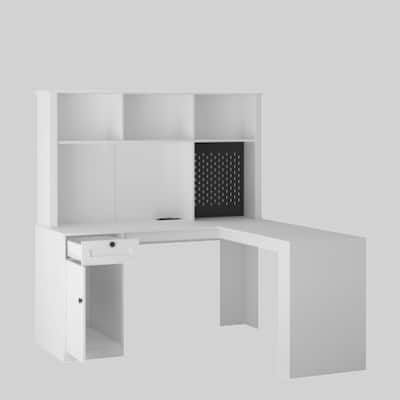Modern Corner Computer Desk with USB Ports & Power Outlet, L-Shaped Study Desk with Storage Cabinet & Bookshelf