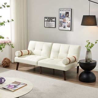 Convertible Sofa Bed Futon with Solid Wood Legs Linen Fabric Ivory ...