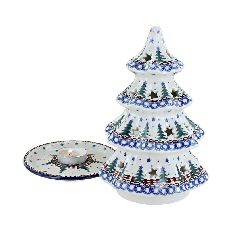 Blue Rose Polish Pottery 602 Ceramika Artystyczna Large Christmas Tree Luminary