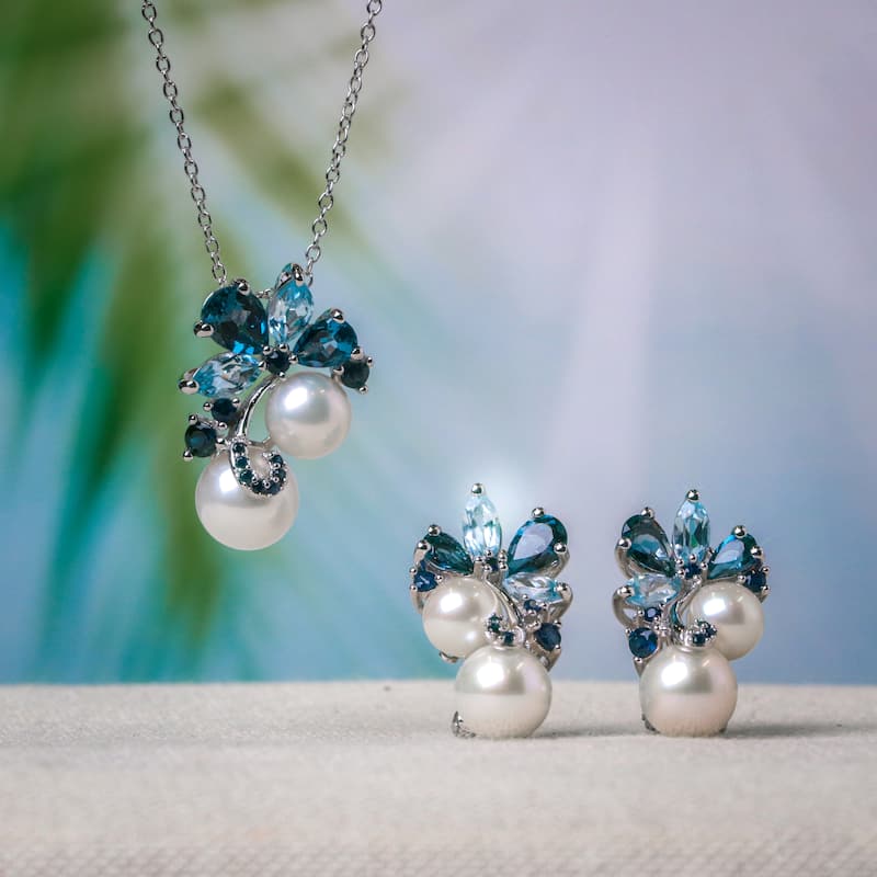 Miadora Sterling Silver Cultured Freshwater Pearl, Topaz and Sapphire Necklace and Earrings Set