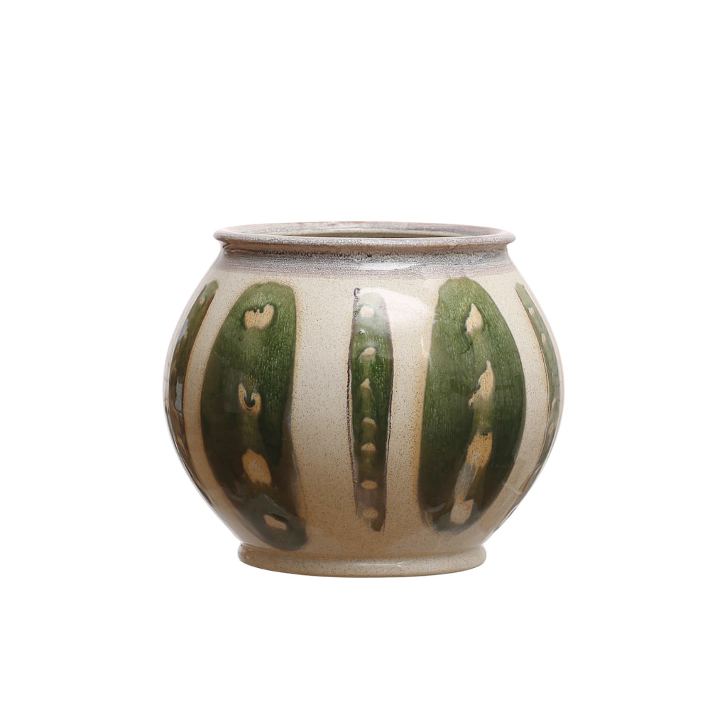 Hand-Painted Stoneware Planter with Reactive Glaze