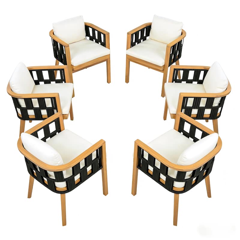 Christopher Knight Home Marrick Patio Acacia Wood Dining Chair with Cream Cushion and Black Flat Rope