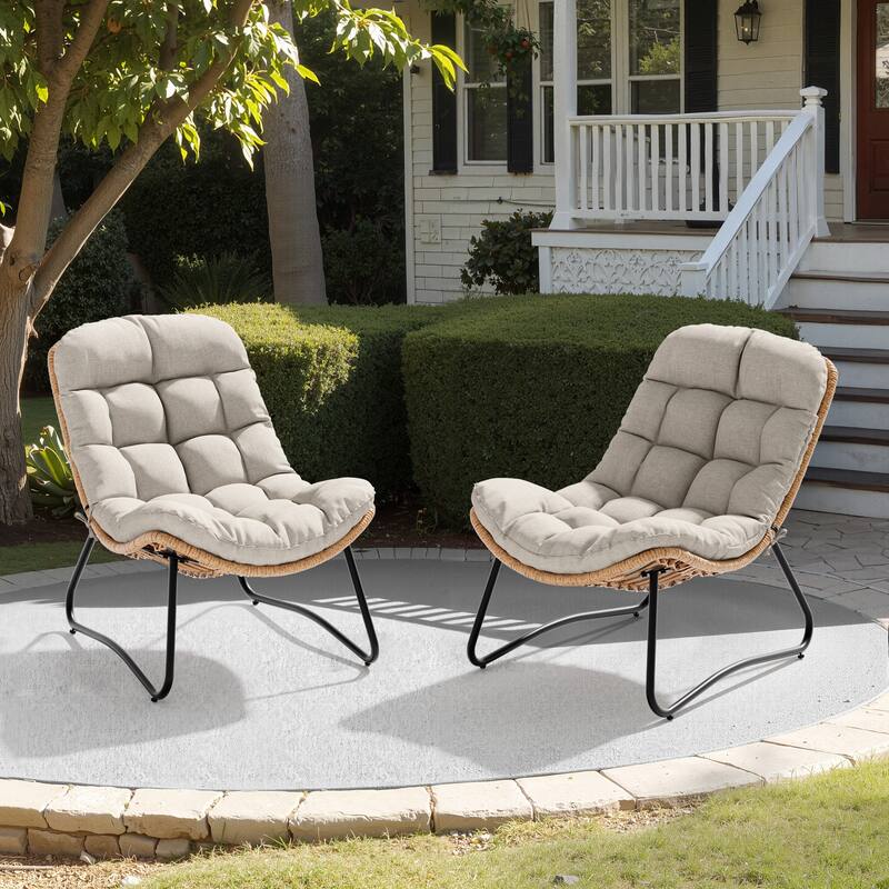 All-Weather Papasan PE Rattan Chair Single Loveseat Sets with Cushion For Indoor Outdoor - 2PC-SinglePapasanChairs - Beige - Beige