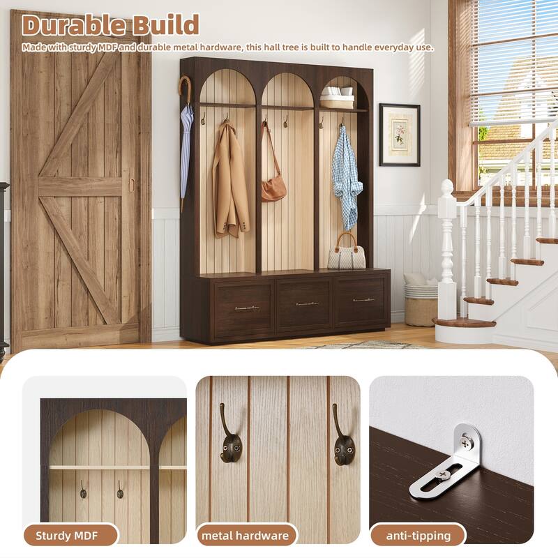Christopher Knight Home Lysandra Farmhouse Style Wooden Hall Tree with Arched Design and 8 Retro Hooks
