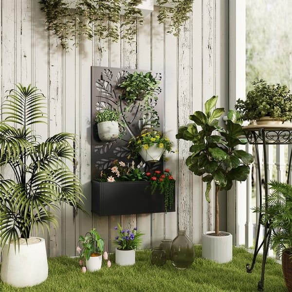 Outsunny Metal Raised Garden Bed with Trellis, Freestanding or Wall Mounted Raised Flower Bed with Privacy Panel for Garden, Patio, Balcony