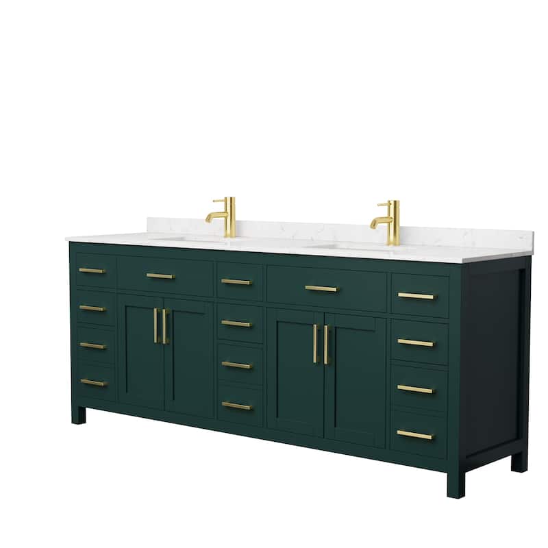 Beckett 84 Inch Double Vanity, Cultured Marble Top - Green, Gold Trim, Carrara Cultured Marble Top