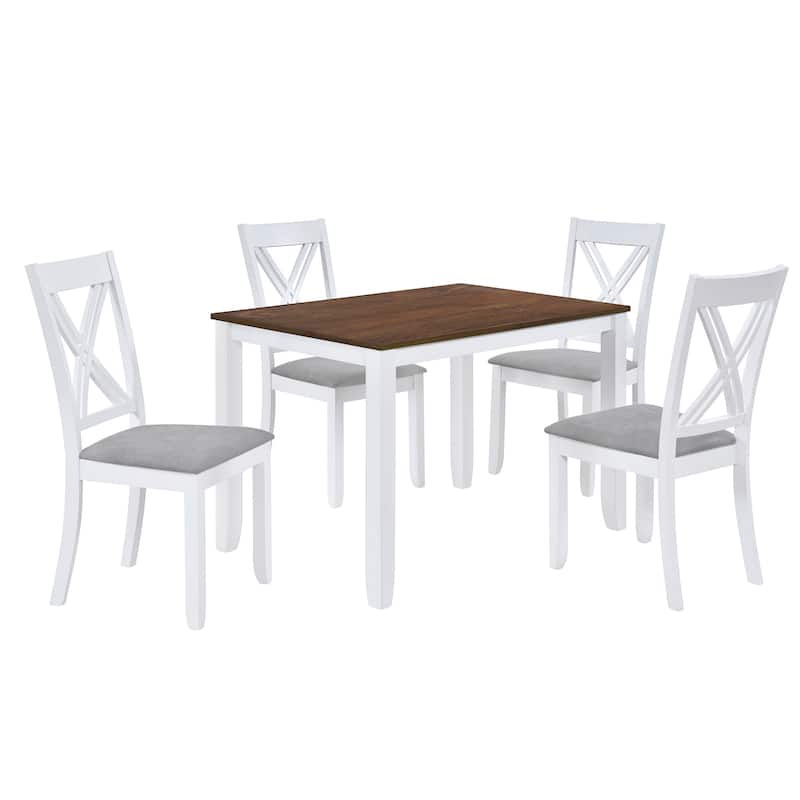 Solid Wood 5-Piece Dining Table Set with Wood Rectangular Table, 4 X-Back Upholstered Chairs & Upholstered Seat for Living Room