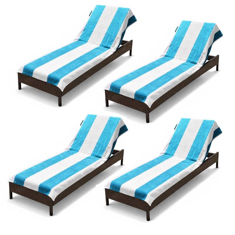 100% Cotton Cabana‑Stripe Lounge Chair Cover Terry Towel with Fitted Pocket & Back Flap Set of 4
