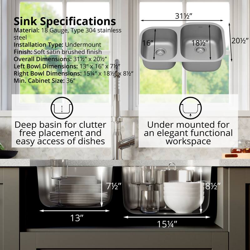 Karran USA PU23L-PK1 Profile 31-1/2" Undermount Double Basin Stainless