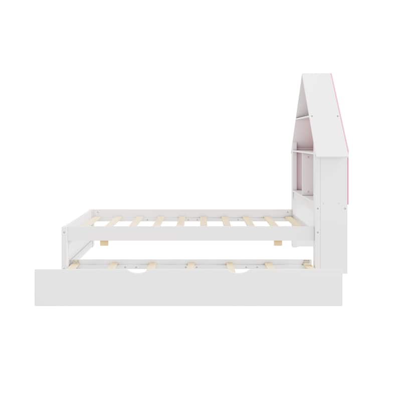 Twin Size House-Shaped Bed with Bookcase Headboard and Led Light and Twin Size Trundle for Kids Boys Girls