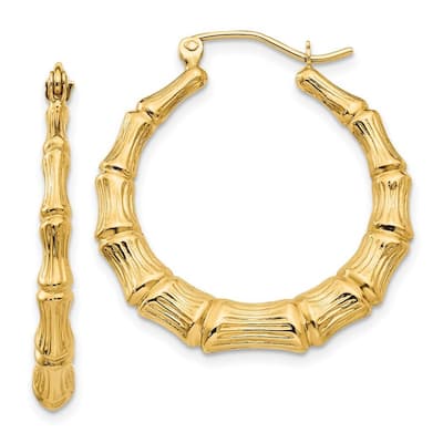 Curata 14k Yellow Gold 4x20mm Medium Bamboo Hoop Earrings