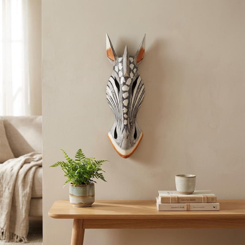 Wooden Tribal African Giraffe Mask Hand Carved Wall Plaque Hanging Decor Sculpture Decoration Handmade Handcrafted Pearl Motif