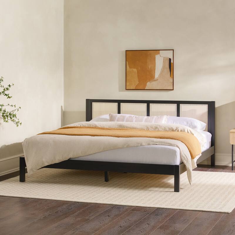 Solid Wood Rattan Panel King Bedframe in Black