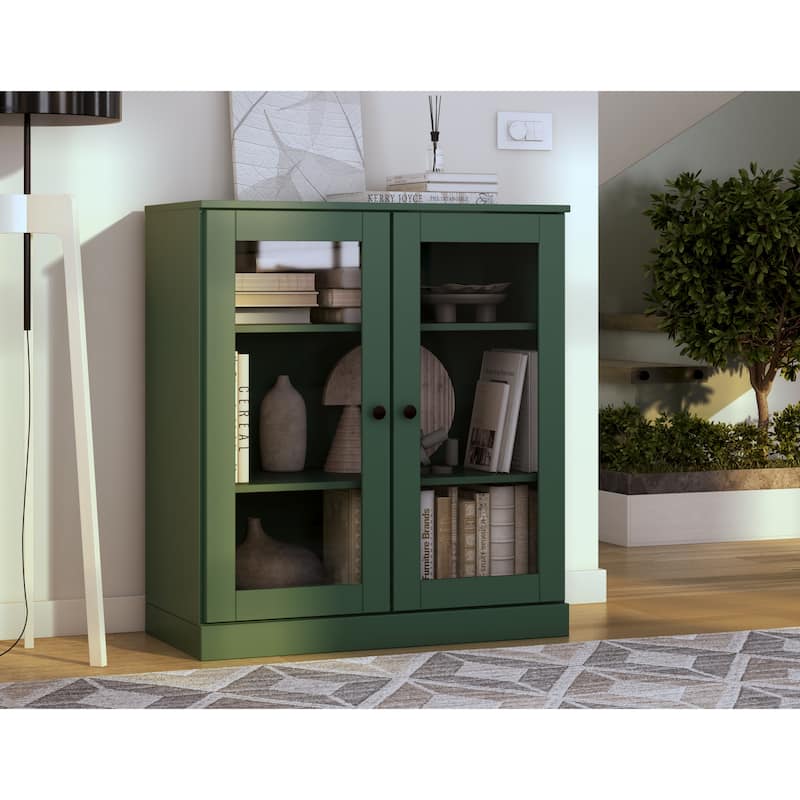 Palace Imports 100% Solid Wood 3-Shelf Bookcase, Clear Glass Doors, Adjustable Shelves, 32" Wide, 35.75" Tall - Green