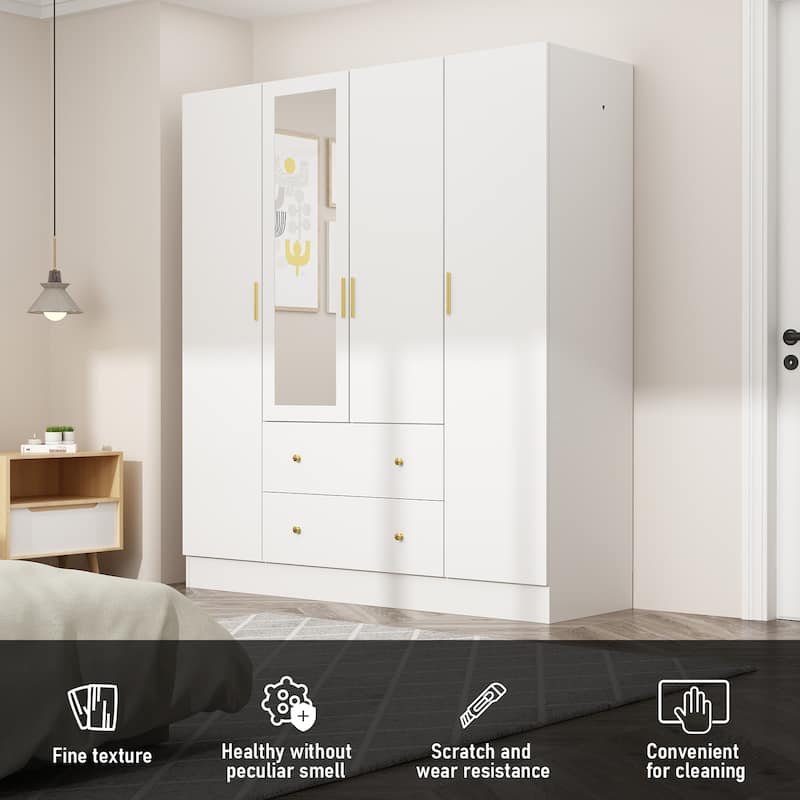 4 Door Wardrobe Large Storage Cabinet Armoire with Mirror and 2 Drawer