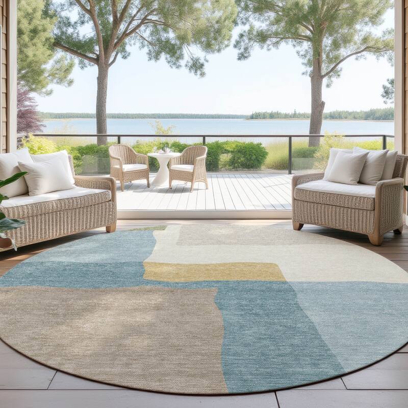 Machine Washable Indoor/ Outdoor Contemporary Blox Chantille Rug - Teal - 8' x 8'