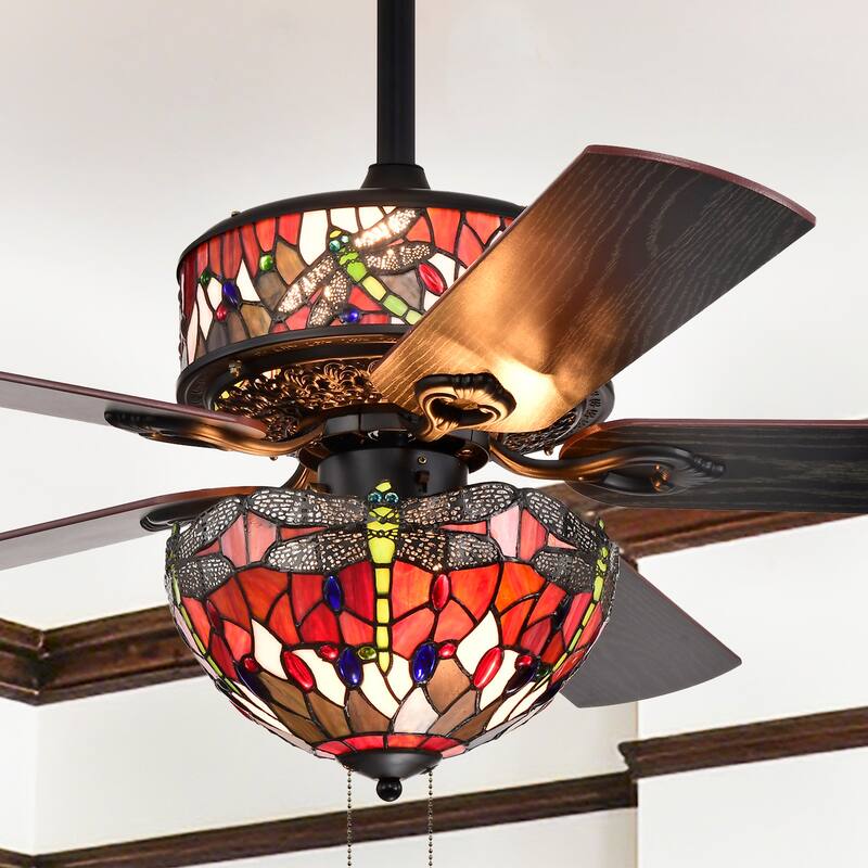 Jalev 6-Light Dragonfly Tiffany 5-Blade 52-Inch Matte Black Ceiling Fan