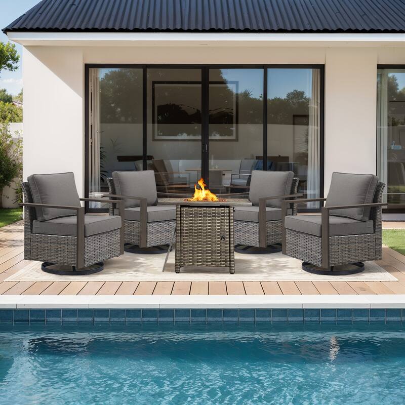 Meyreso 5-Piece Wicker Swivel Glider Fire Pit Set with Plush 4.5" Olefin Cushions
