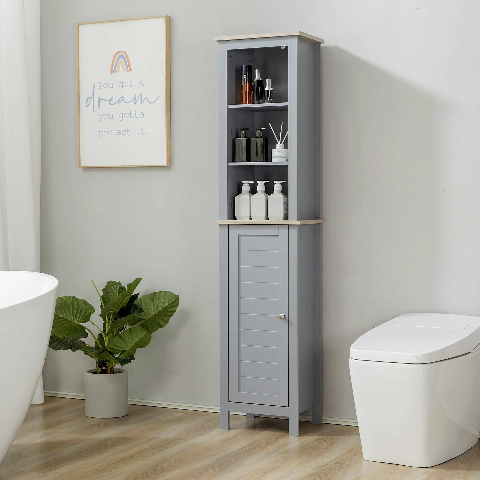 Costway Bathroom Floor Cabinet Side Storage Cabinet with 3 Drawers and 1 Cupboard Grey, Gray