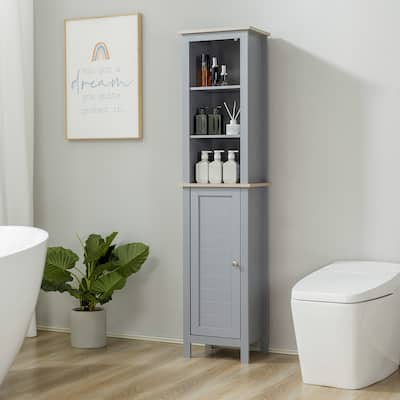 kleankin Bathroom Floor Storage Cabinet with 3 Tier Shelf and Cupboard with Door, Tall Slim Side Organizer Shelves, Grey