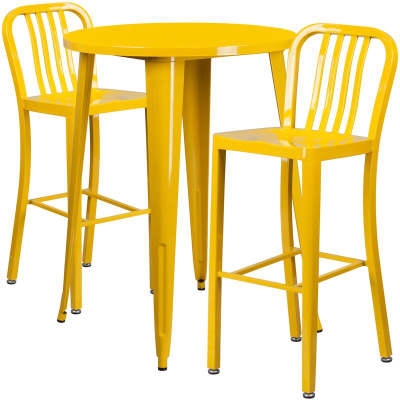 30'' Round Metal Indoor-Outdoor Bar Table Set with 2 Vertical Slat Back Stools - 30"W x 30"D x 41"H